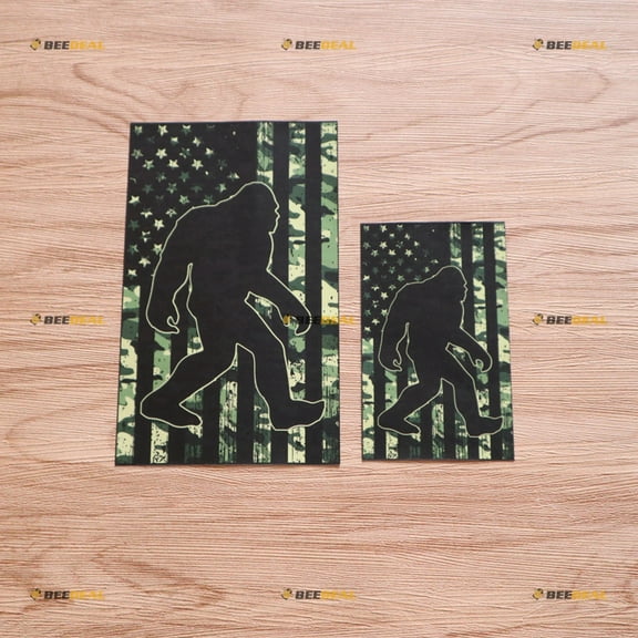 Bigfoot Sasquatch Camouflage American Flag Patriotic Sticker Decal Vinyl - 2 Pack Glossy, 4 Inches, 6 Inches - for Car Boat Laptop Cup Phone