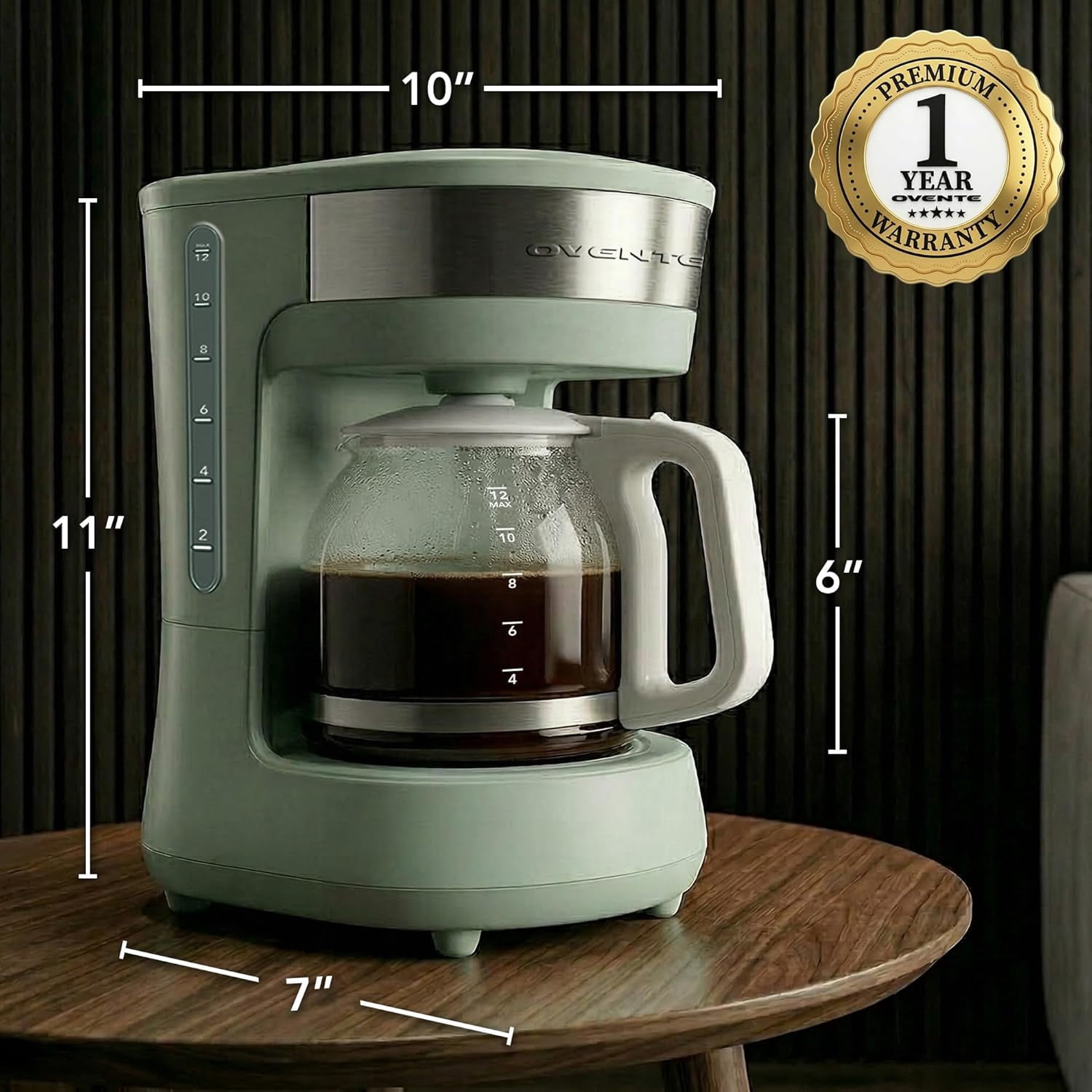 OVENTE 12-Cup Drip Coffee Maker with Borosilicate Glass Carafe, One-Touch Operation Machine, Anti-Drip System, Reusable Filter and Clear View Water Gauge, Ideal for Home or Office, Light Teal CM412LB