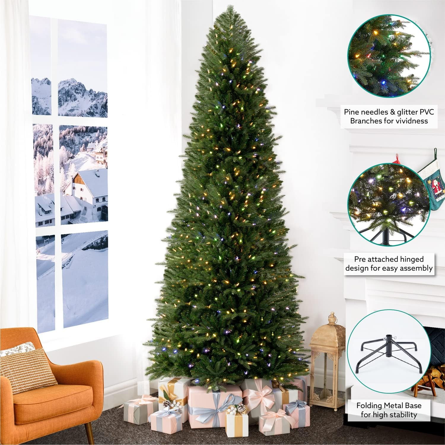  Salzburg 9ft Frosted Prelit Slim Artificial Christmas Tree with  1455 Branch Tips, 500 Warm Lights and Metal Stand, 37 Wide Realistic Snow  Flocked Skinny Pencil Christmas Tree by Naomi Home 