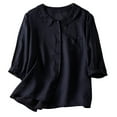 thumbnail image 2 of Wycnly Womens Tops Dressy Casual Loose Fit Lapel Button Down Casual Cotton Linen Cardigan Shirts with Pocket Summer 3/4 Sleeve Crewneck Tops Solid Blouse Black XXL, 2 of 7