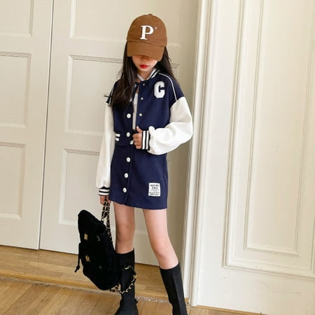

Hunpta Children Kids Toddler Girls Long Sleeve Patchwork Baseball Coat Jacket Outer Patchwork Skirt Outfit Set 2PCS Clothes