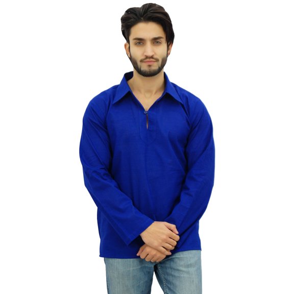 Atasi Indian Ethnic Men's Short Kurta Full Sleeve Collar Cotton Blue Shirt-Large