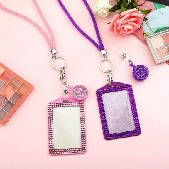 2 set Rhinestone Lanyard Bling ID Card Holder Crystal ID Card Holder Retractable Diamond Lanyards for ID Badges