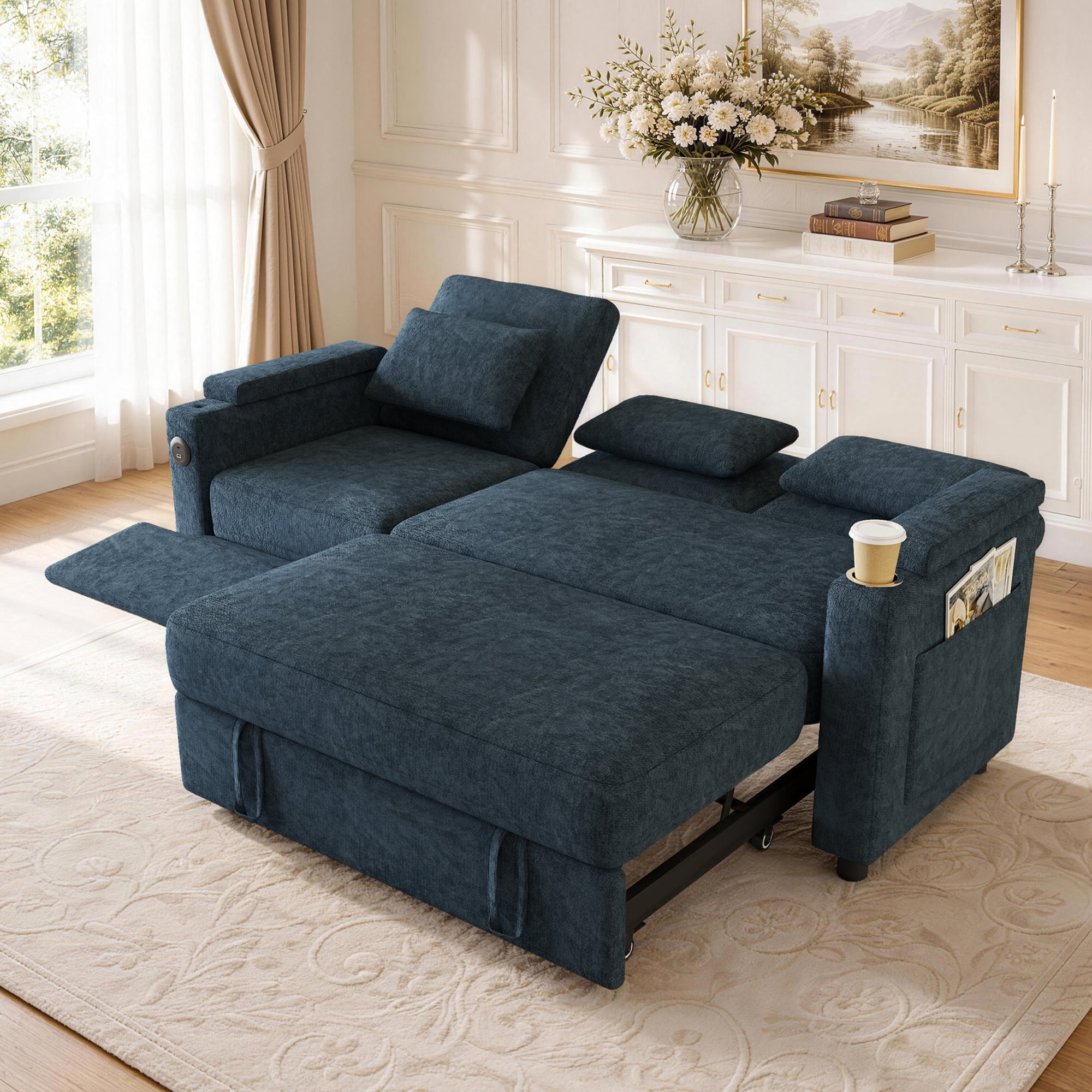 Aukfa 81" Convertible Sleeper Sofa,Chenille 3-in-1 Sofa Bed with Recliner,Center Table,USB Ports & Storage Armrests,Blue