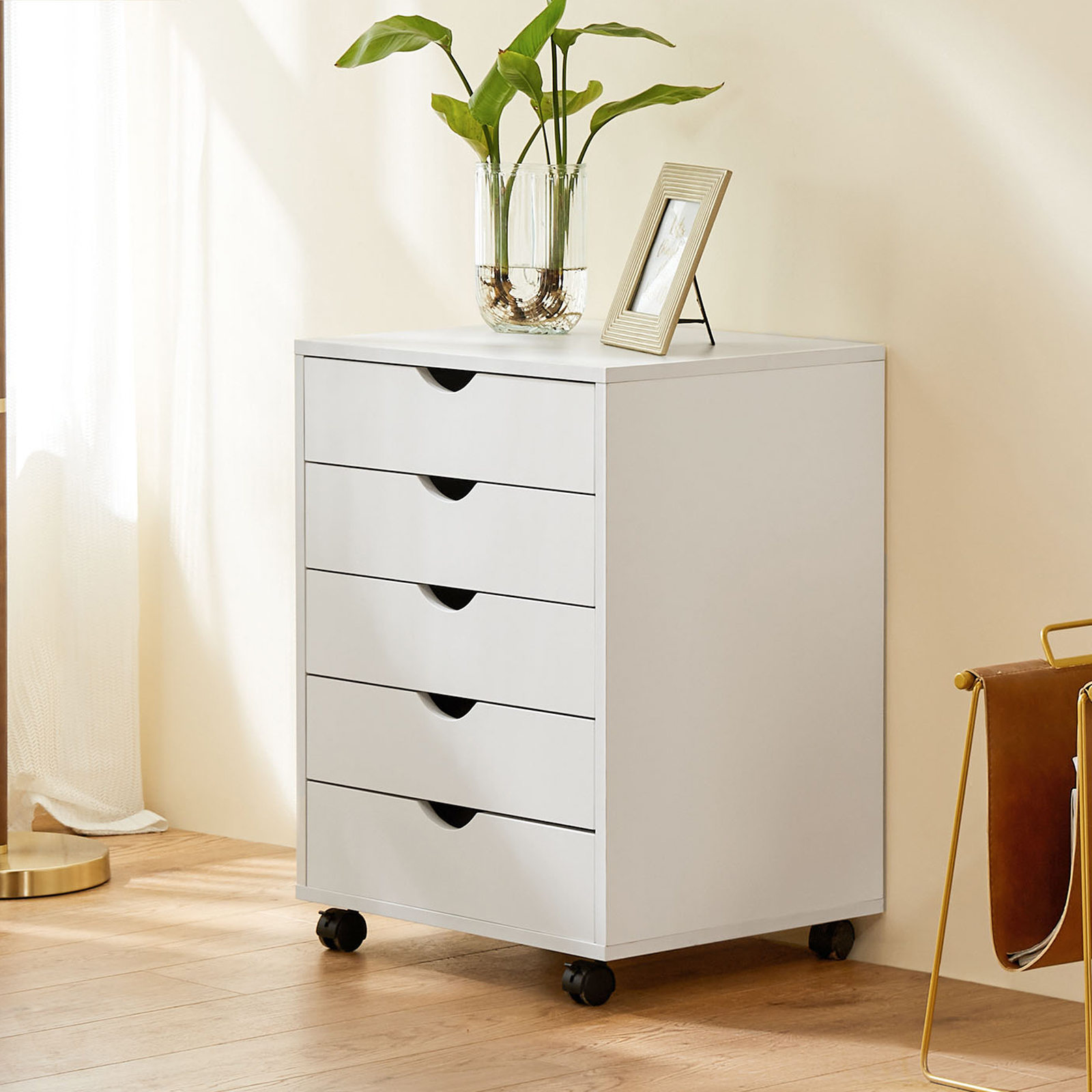 LIFERECORD 5-Drawer Chest, Wood Storage file Cabinet Rolling Storage Dresser with Wheels for Home Office, White