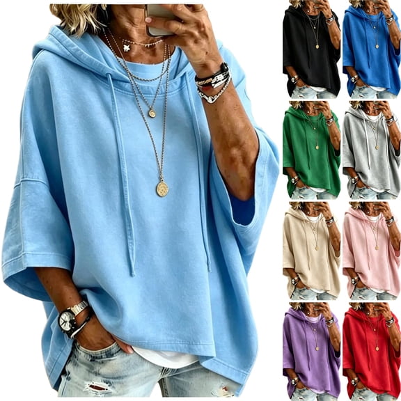 WULMLEO Hoodies Women Oversized 3/4 Sleeve Drawstring Hooded Fall Winter Pullover Casual Loose Fit Lightweight Sweatshirts Trendy Comfortable Sweaters Sky Blue L