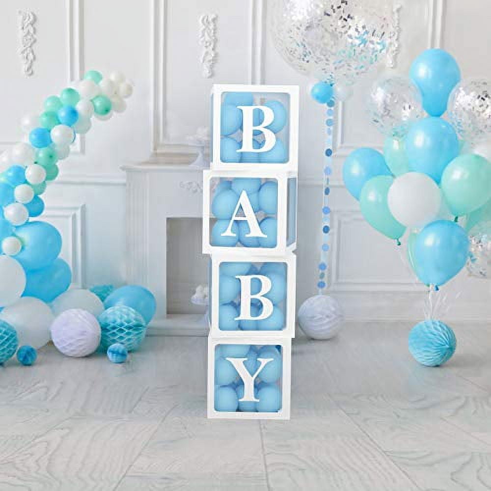 POSHBEBE Baby Shower Decorations for Girl and Boy - 4 Clear Boxes with LOVE and BABY Stickers - Gender Reveal Transparent Box for Balloons,Birthday, Bridal Shower And Wedding Decorations