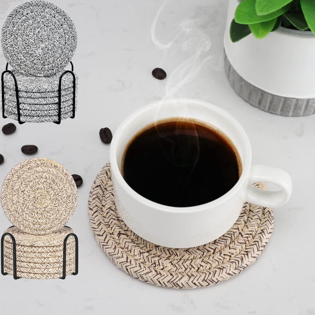 Fiudx Juego de Manteles Individuales de Cuerda, 8 Piezas con Soporte, Algodón Suave, Aislamiento Térmico para Platos Calientes, Tejido Exquisito, Estante Compacto, Decoración para La Mesa Del Comedor