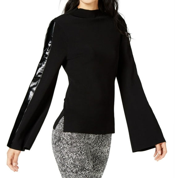 I-N-C Womens Faux Leather Stripe Pullover Sweater, Black, Large