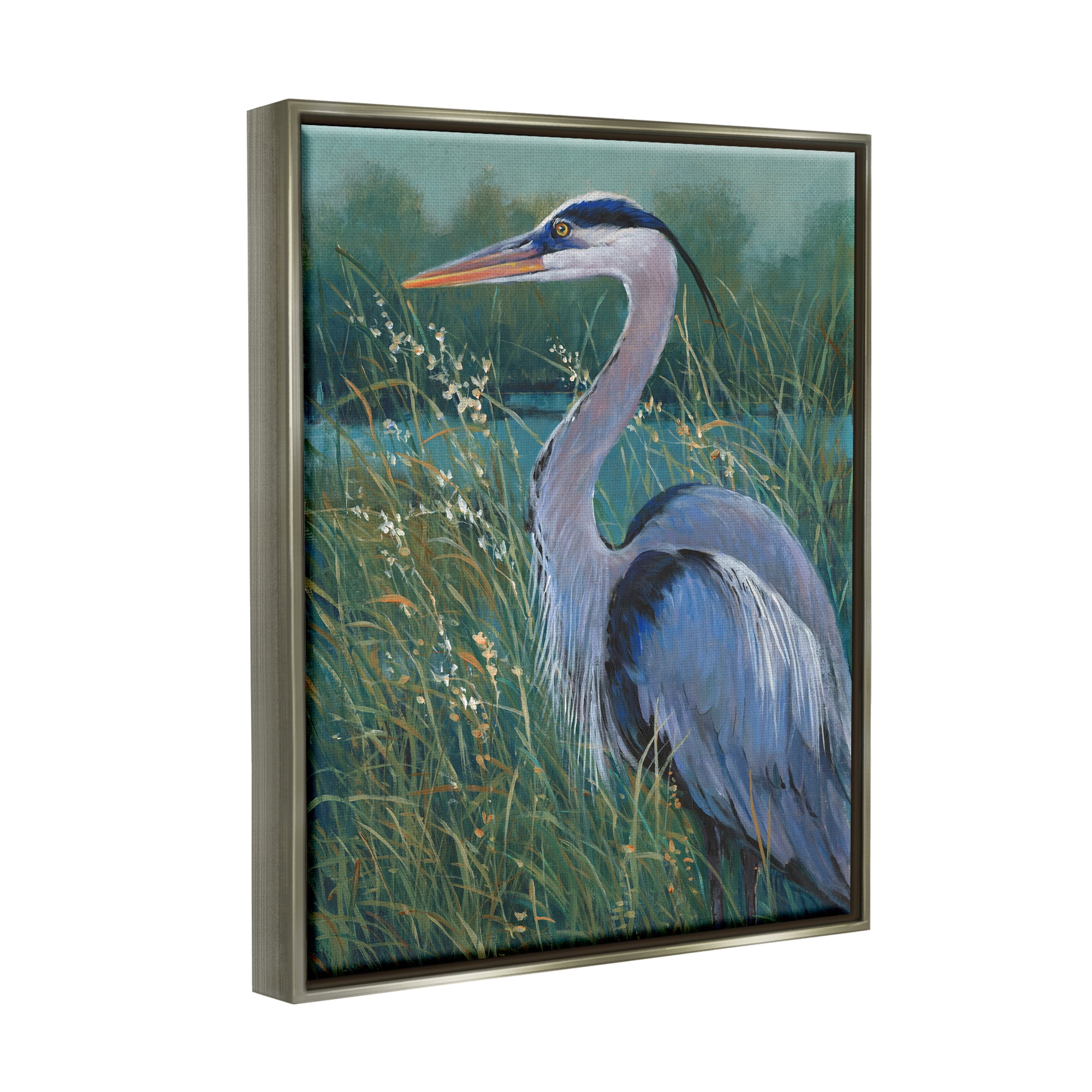 Stupell Industries Heron at Lake Painting Animals & Insects Painting Gray Floater Framed Canvas Art Print Wall Art, 25 x 31