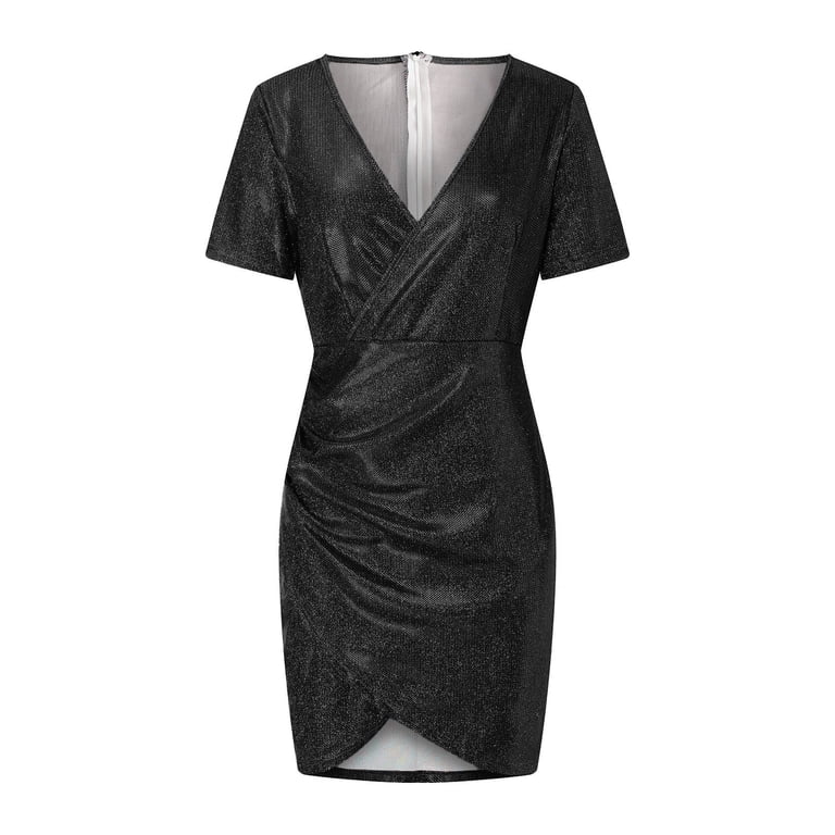 Womens Sparkly Sequin Wrap Mini Dresses Short Sleeve V Neck Evening Party  Gowns Bodycon Glitter Short Dress (Medium, Black) - Walmart.com