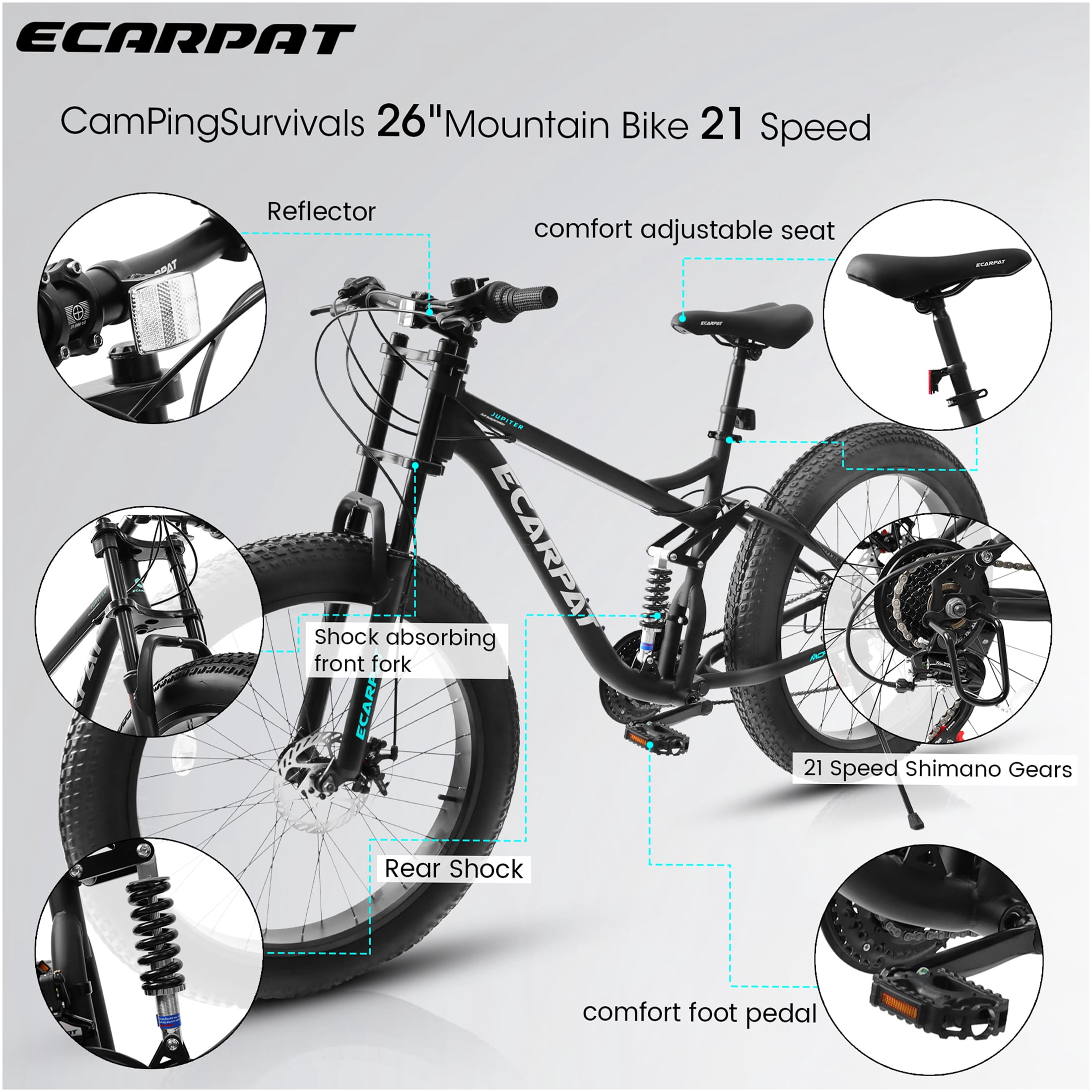 JERFIT Men's 26" Full Suspension Mountain Bike, 21-Speed Shimano Drivetrain, 4" Fat Tire, Disc Brakes, All-Terrain MTB Bicycle for Adults
