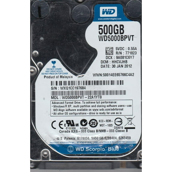 WD5000BPVT-22A1YT0, DCM HHCVJHB, Western Digital 500GB SATA 2.5 Hard Drive