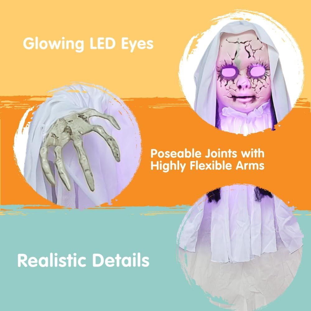 43 Inch Hanging Girl Ghost Halloween Decoration, Creepy Hollow Head Prop with Flashing Purple Lights on Head & Body, Battery Operated Latex Fabric Ghost Decor for Yard Haunted House Party