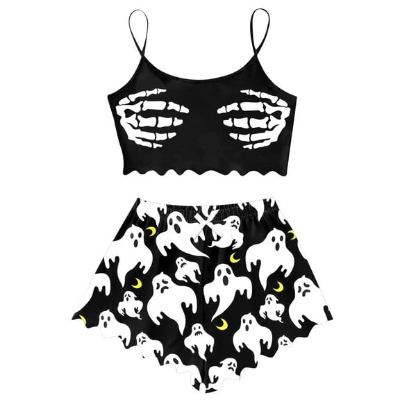 CONFREE Halloween Women Pajamas Sets Sleeveless Skeleton Sleepwear Tops Shorts Sexy Hallowmas Pjs for Women Cozy Nightwear