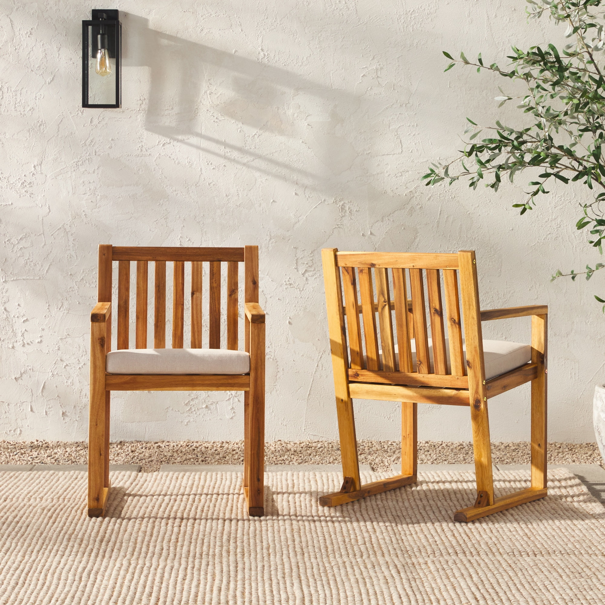 Walker Edison Set of 2 Modern Solid Wood Slat-Back Outdoor Dining Chairs, Natural