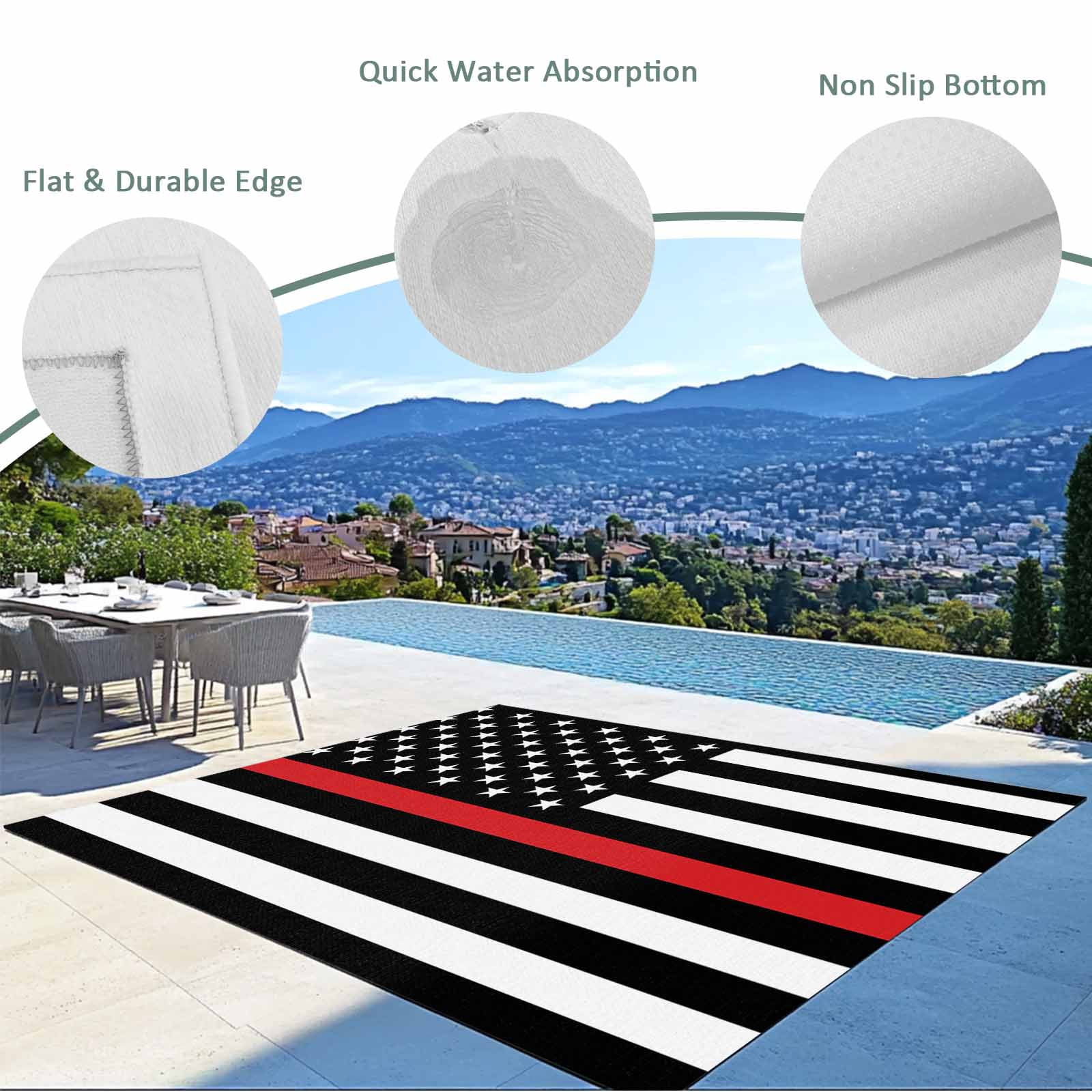 Fsddascl Red White Stripe Fireman American Flag Outdoor Rug for Patio/Deck, Non-Slip Large Area Rug 5 x 8 Ft, Fire Fighter USA Flags Indoor Outdoor Rugs Washable Area Rugs, Camping Rug Carpet