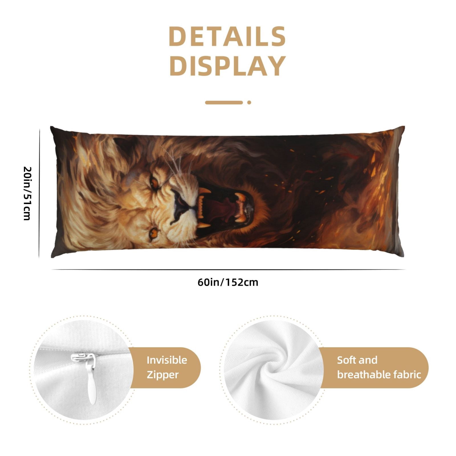 Naloa Cool Fire Lion Super Soft 20x60 Body Pillow Case,Long Side Hidden Zipper（PILLOWS ARE NOT INCLUDED）