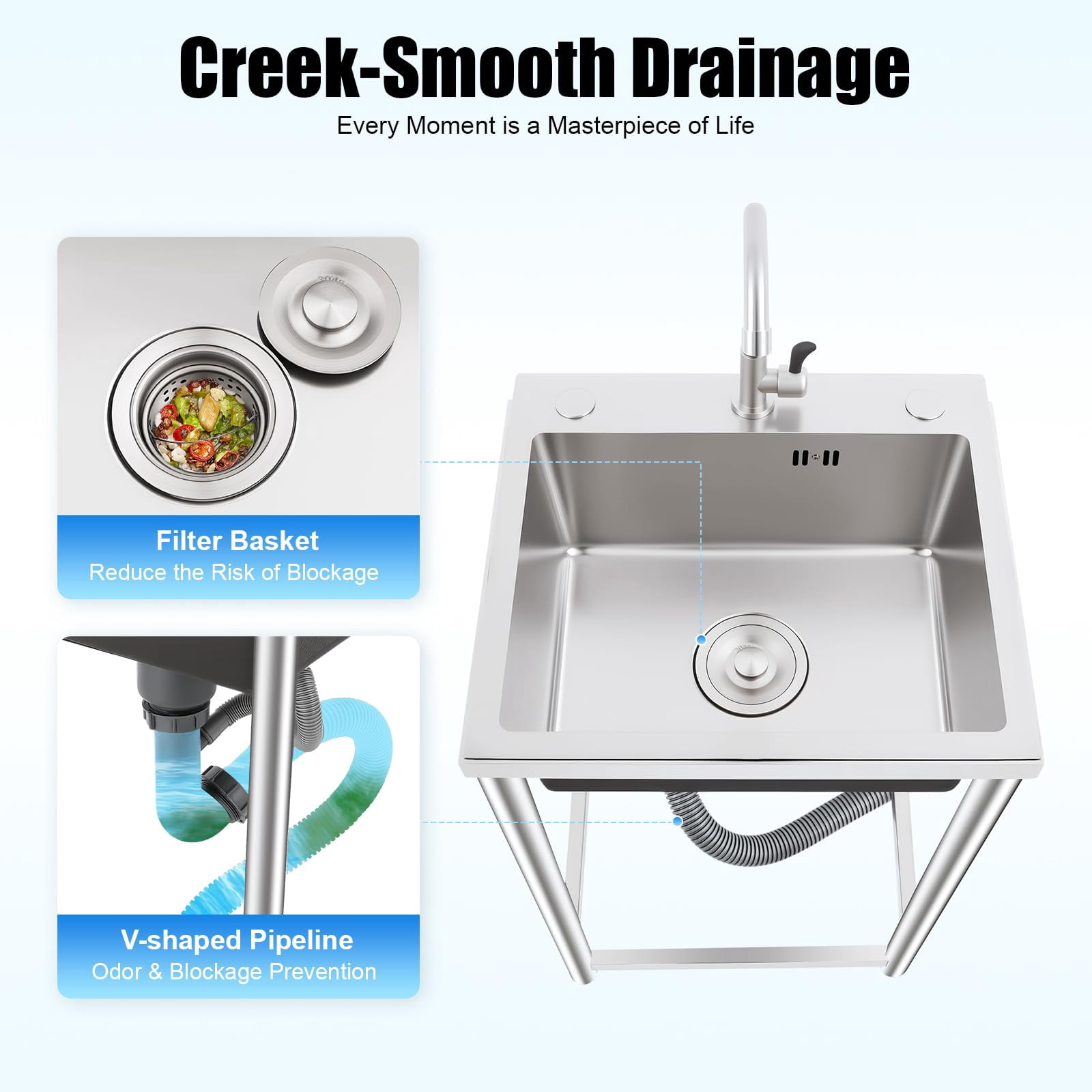 Miumaeov Portable Sink Free Standing, Stainless Steel Utility Sink Single Bowl, Small Utility Sink with 360° Faucet, Outdoor Sink for Garage Laundry, Camping Sink Alternative for Home