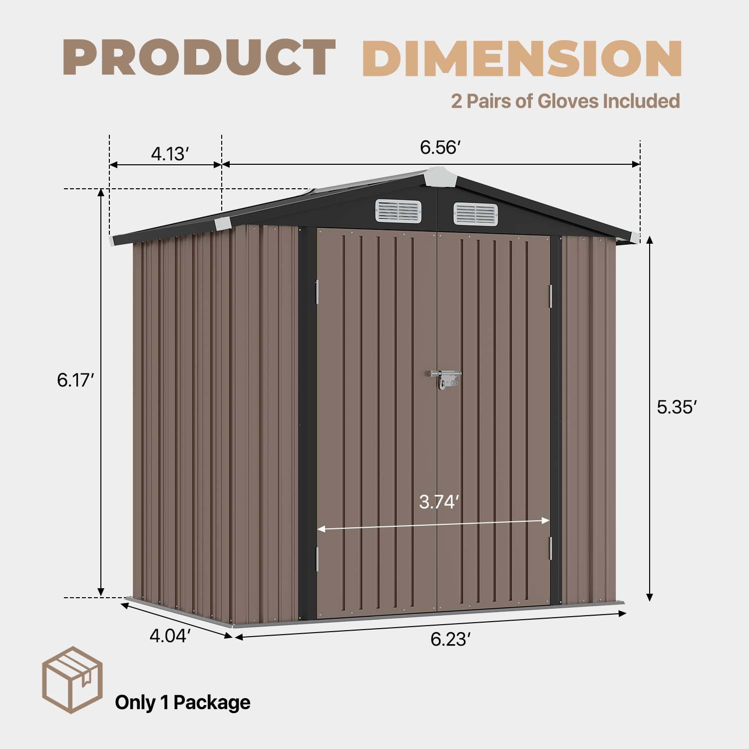 BaPiPro 6 x 4ft Metal Outdoor Storage Shed, Tool Shed with Lockable Door & Sloped Roof for Backyard & Patio, Brown