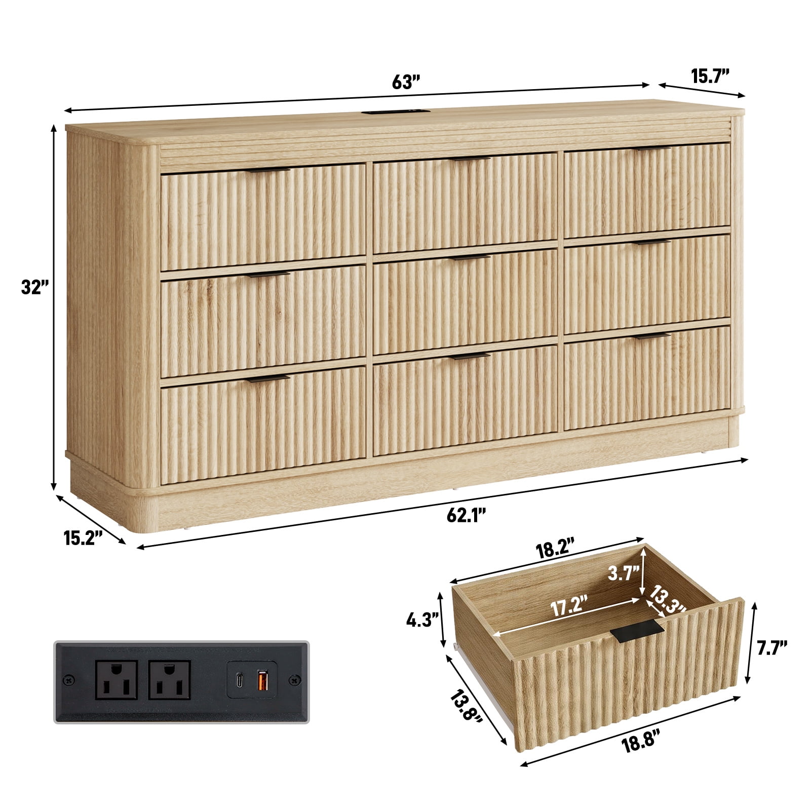 Blotout Fluted 9 Drawers Dresser for Bedroom, 63'' W Chest of Drawers with Power Outlet&Metal Handle, Fluted Fronts, Modern Dresser TV Stand, Wood Clothes Storage Organizer for Living Room, Hallway