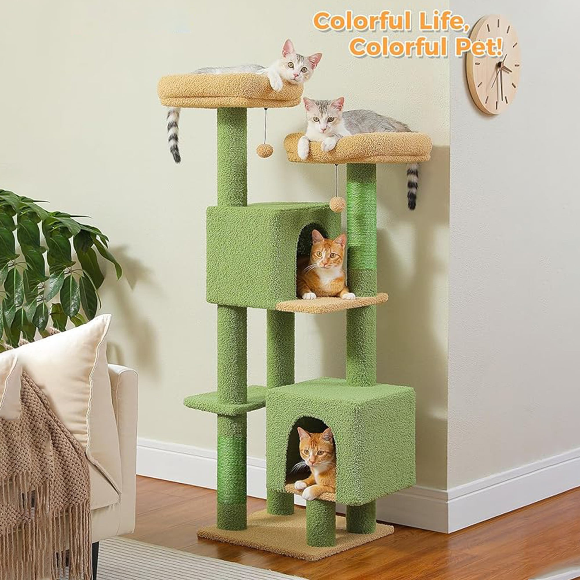 resenkos 52" Cat Tree Tower with 2 Scratching Posts, 2 Perches, 2 Caves, Pompoms, Multi-Level Plush Cat Condo for Indoor Cats, Green