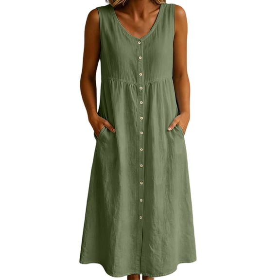 Bosfbaoi Dresses for Women Casual Button Front Maxi Dress Sleeveless V Neck Womens Dresses with Side Pockets Summer Dresses for Women 2026