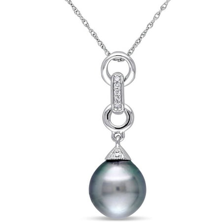 9.5-10mm Black Drop Tahitian Pearl and Diamond-Accent 10kt White Gold Drop Link Pendant, 17