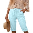 thumbnail image 3 of Qiopertar Women's Casual Drawstring Elastic Waist Faux Denim Capri Pants Solid Color Fashion Cropped Trousers Relaxed Fit Spring Summer Comfy Pants, Light Blue XL, 3 of 6