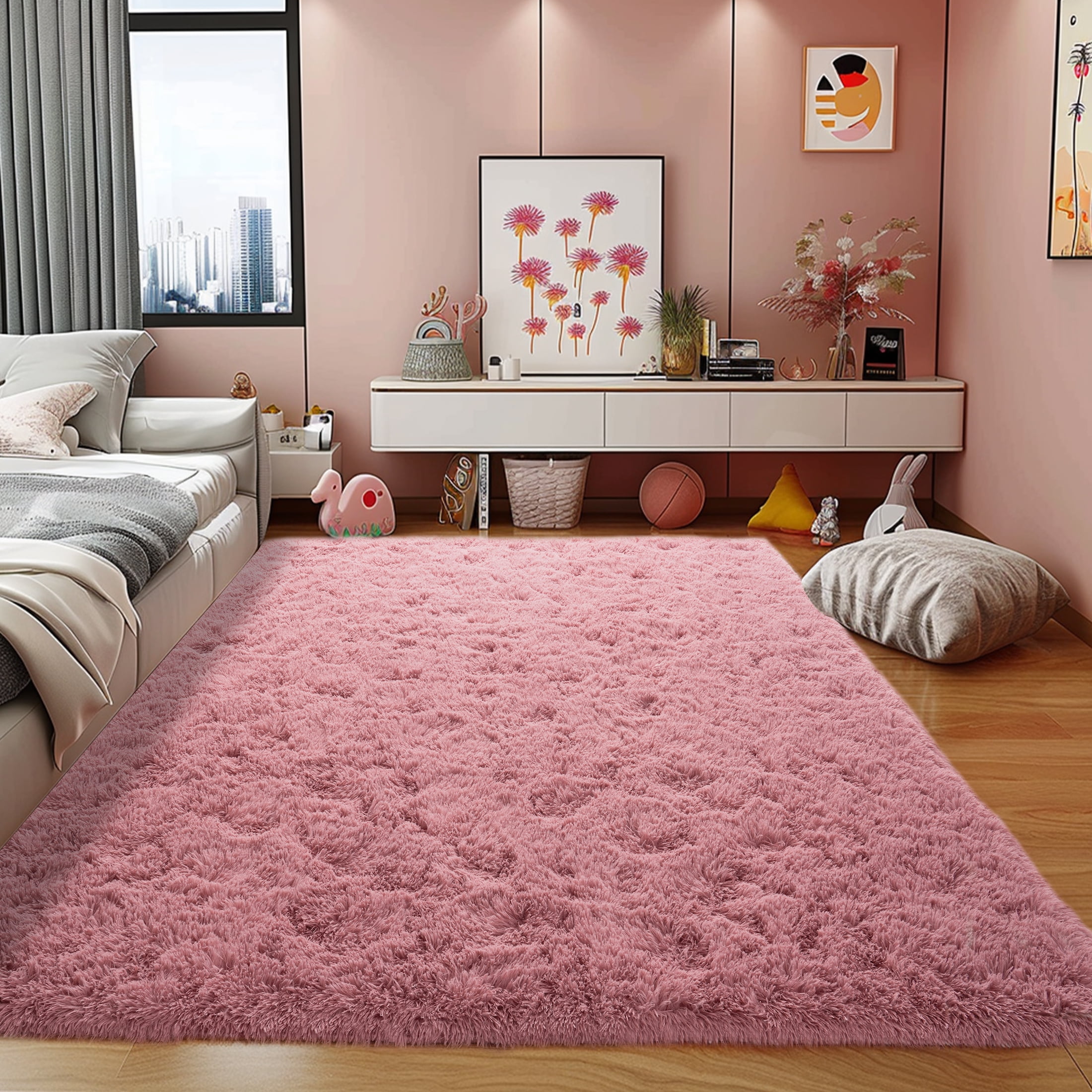 Socofuz 5x7ft Soft Pink Fluffy Rug for Living Room, Cute Shaggy Carpet for Kids Boys Girls Dorm Room Nursery Bedroom Home Decor
