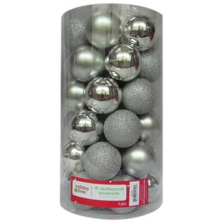 Holiday Time 60mm Round Silver Shatterproof Ornaments, Set of 41