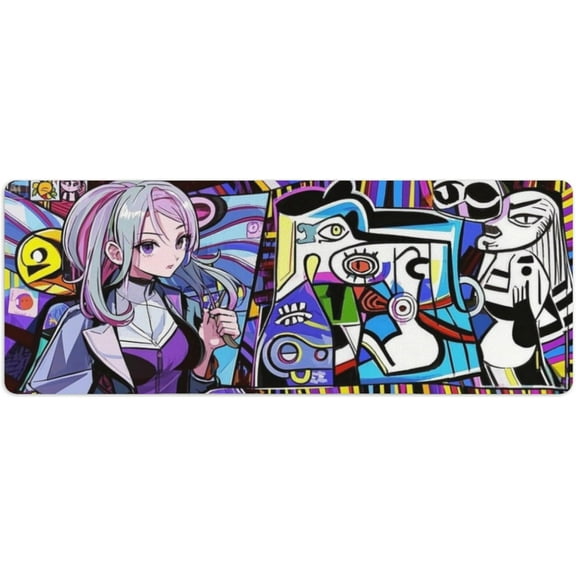 Anime-Style Doodle Art Girl Gaming Mouse Pad | Extra Thick Waterproof Desk Mat | Non-Slip Large Extended Surface (31.5x11.8 Inch) for Computer Keyboard & Home/Office Use