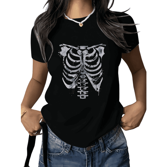 Cozymy Unisex Skeleton Graphic Short Sleeve T-Shirt Casual Cotton Crewneck Gothic Graphic Tees Shirts