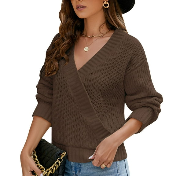 Women Wrap Sweater V Neck Long Sleeve Pure Color Drop Shoulder Pullover Knitted Top Dark Brown XL