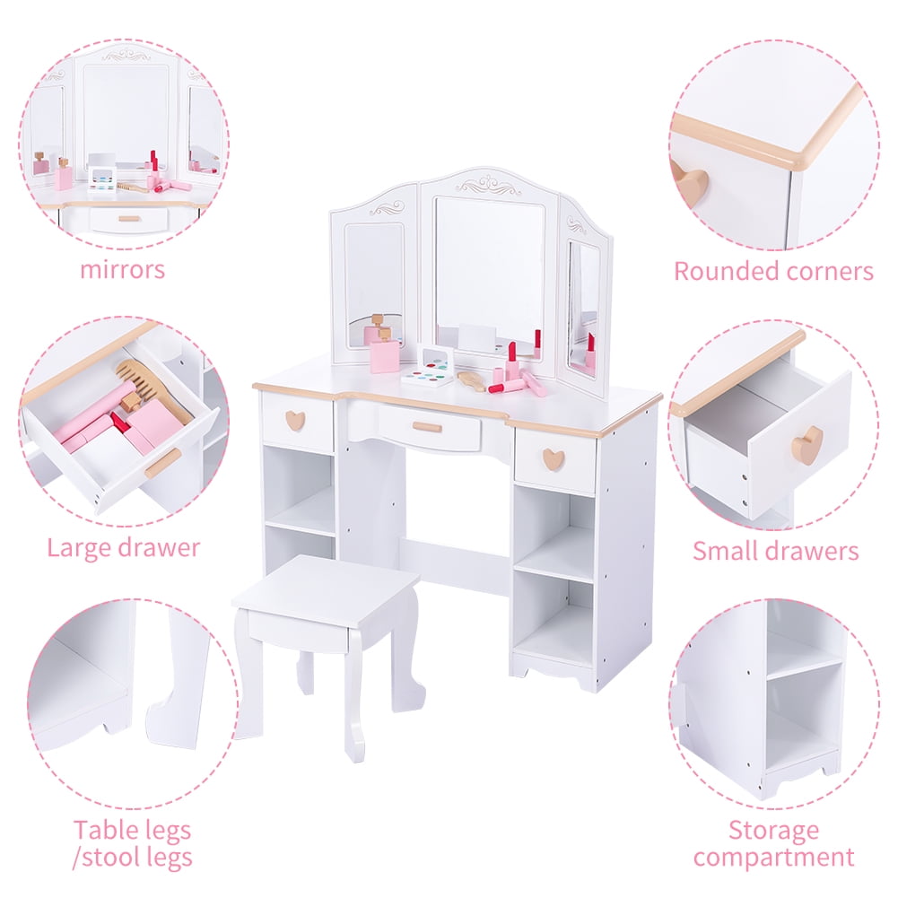 Oyang Girls' Vanity Table and Chair Set for Age 4 - 9, Wood Pretend Beauty Make Up Dressing Vanity Set with Mirror & 3 Drawers, White