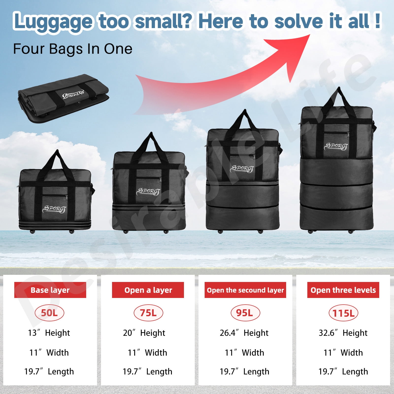 Desirable Life 34in 3 Layer Expandable Suitcase Bag Collapsible Rolling Wheeled Duffle Bag Large for Home Storage Cargo Travel Business Moving Luggage