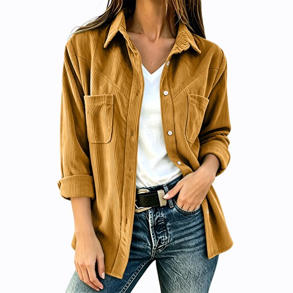 AherBiu Corduroy Shacket for Women Button down Shirt Lapel Collared Open Front Vintage Long Sleeve Tops with Pocket(X-Large,Yellow)