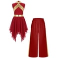 thumbnail image 7 of iiniim Girls Metallic Sleeveless Irregular Liturgical Praise Dance Dress with Wide Leg Pants Set Worship Dancewear Burgundy 6, 7 of 7
