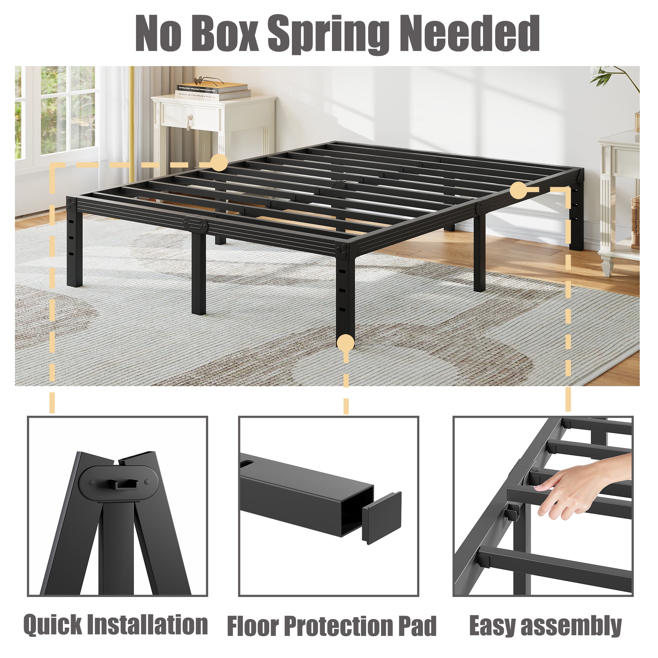 Neslime 16 inch Queen Size Metal Platform, Heavy Duty Bed Frame with Ample Storage Space, Easy Assembly, No Box Spring Needed