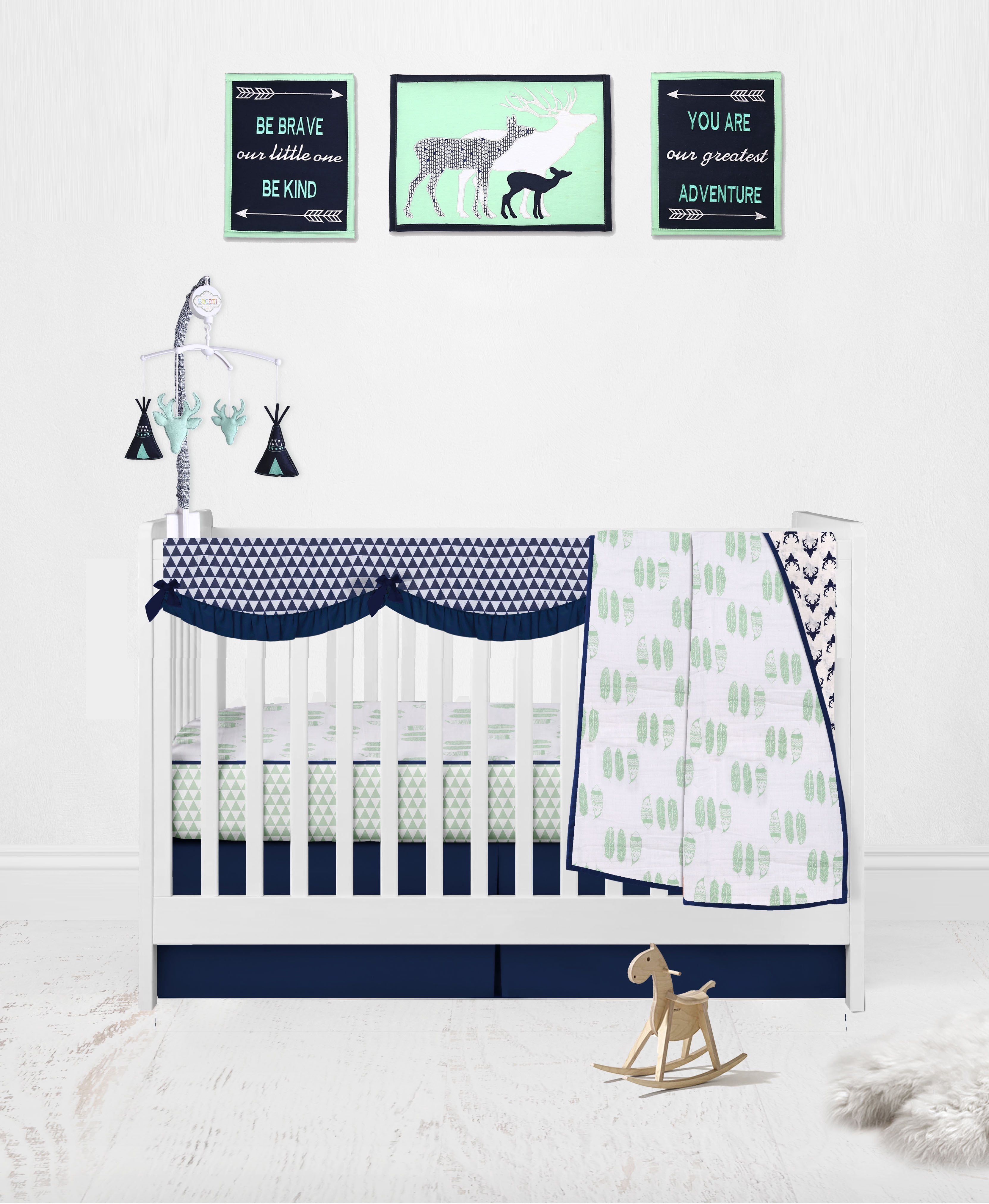 Bacati - Tribal Mint/Navy Feathers Buck Triangles Muslin Boys Crib Bedding Set