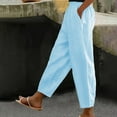 thumbnail image 2 of Summer Pants for Women Solid Pants High Waisted Wide Leg Fashion Drawstring Elastic Trousers Comfy Straight Leg Long With Pockets Indoor Soccer Linen Women Wide Summer Casual Light Blue L, 2 of 5