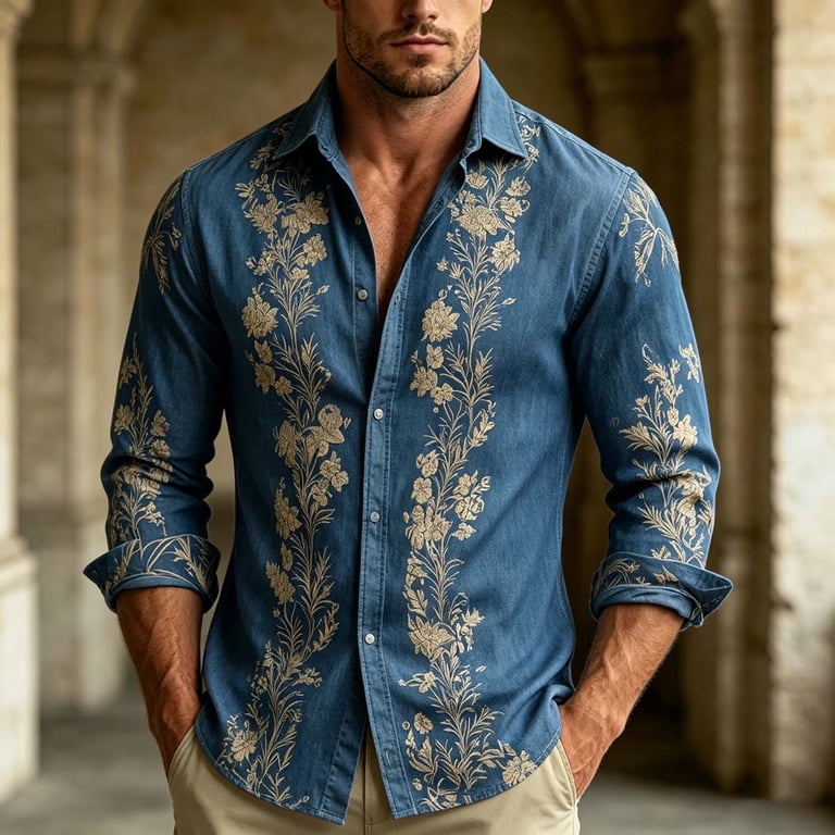 bohemian dress shirt Men's Vintage Floral Button Down Shirts, Loose Lapel Long Sleeve Beach Casual Holiday Shirts, 2026 New Limited-time Off available in all sizes