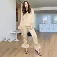 thumbnail image 2 of Wangmeiwg Women's Pajama Sets Elegant Feather Trim Satin Pajama Set For Women Comfortable Long Sleeve Button Down Top And Pants Sleepwear Outfit S Khaki, 2 of 6
