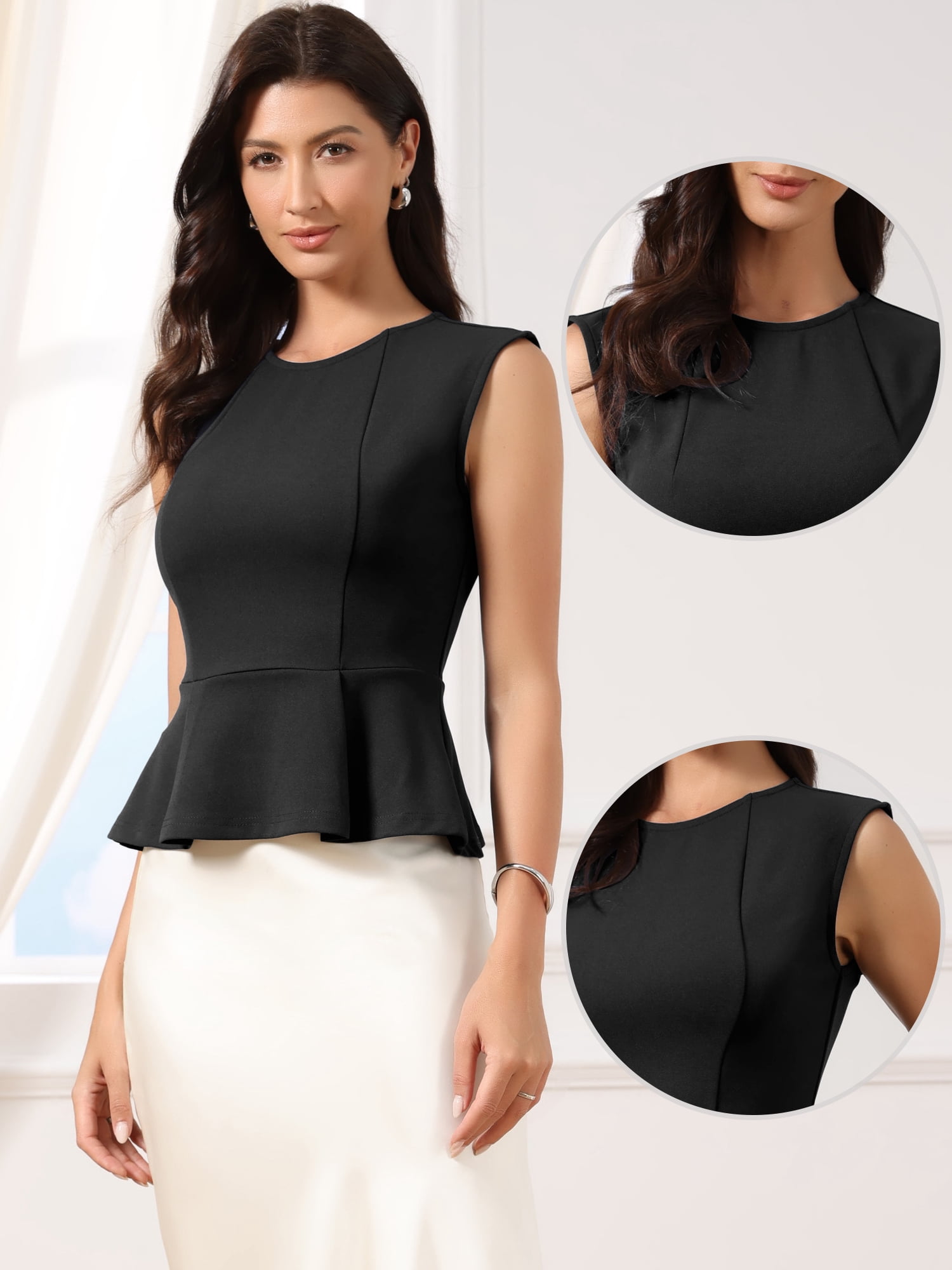 DARING DIVA Women's Peplum Crew Neck Sleeveless Babydoll Vest Blouses S Black