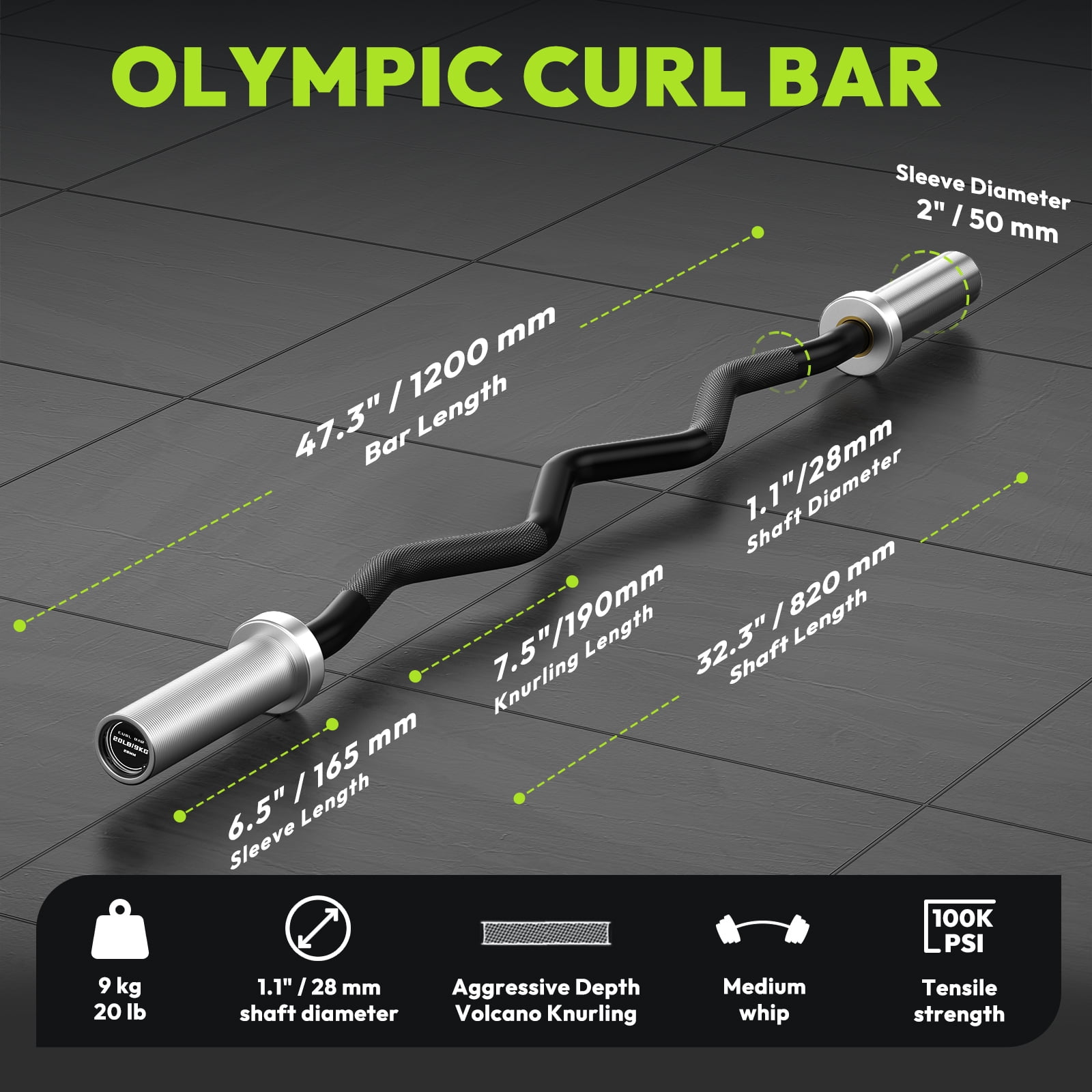 HANDBODE Olympic EZ Curl Barbell Bar, 47" Curl Bar for Weight Lifting, Squats, Hip Thrusts, Biceps, 500 lb Weight Capacity Suitable for 2 inch Weight Plates, Home Gym Weight Bar