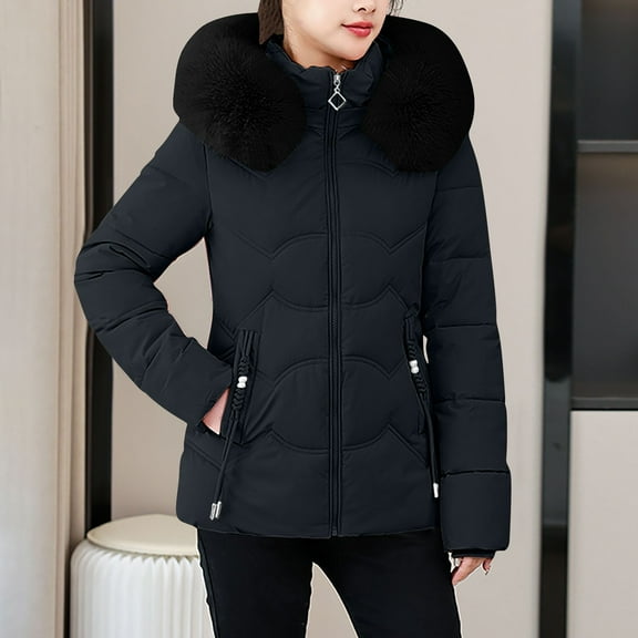 Dolkfu Womens Fall Jacket Black Hooded Thicken Puffer Jacket Isulated Slim Fit Zip Up Outerwear Coat Women L