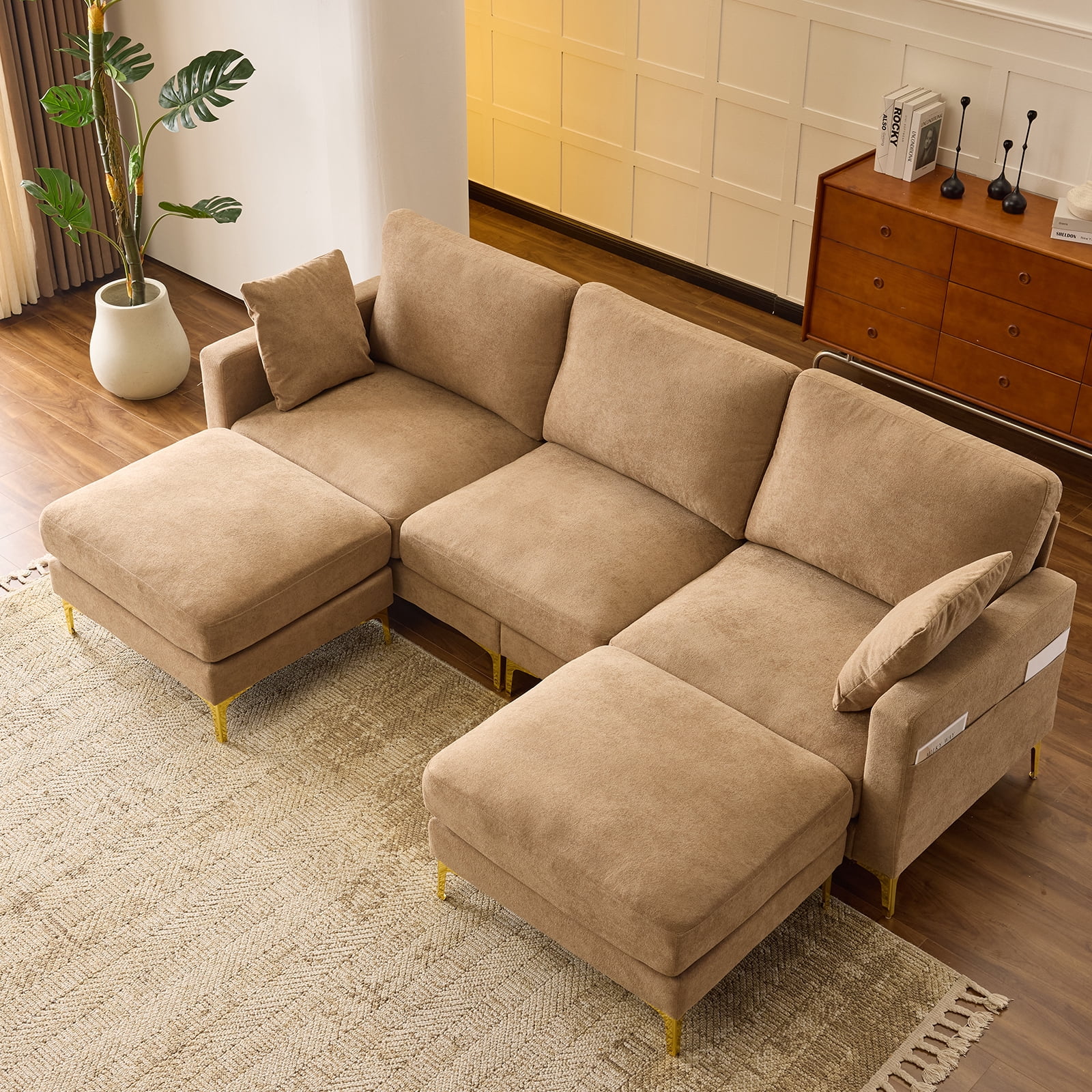 Ktaxon U-Shaped Sofa with 2 Removeable Ottoman Footrests, Flannel Deep Seating Couch for 3, Converts to Sleeper for Bedroom Living Room Furniture Khaki