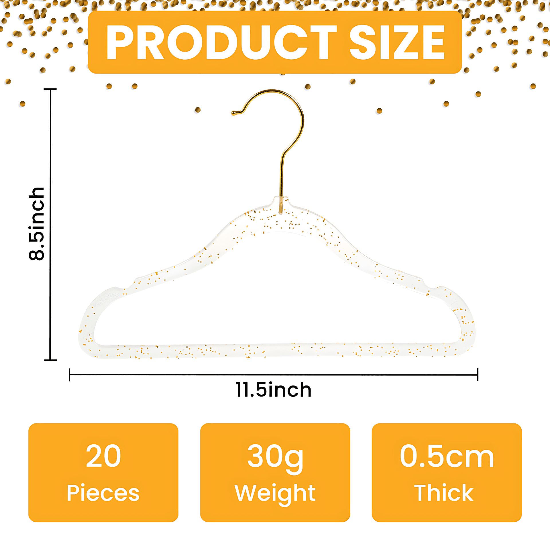 Concepts Kids Hangers, Gold Acrylic Glitter Toddler Hangers with Chrome Hook - Space-Saving Clothes Hanger, 60-Pack