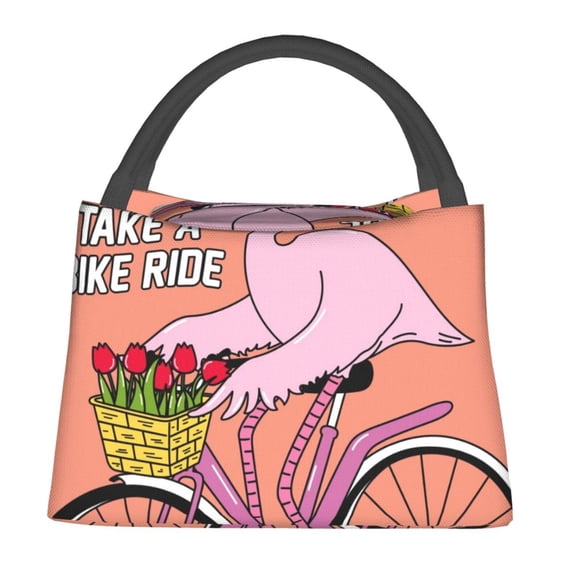 Fotbe Flamingo Riding a Bicycle Bolsa Térmica Portátil con Estampado, Bolsa de Entrega de Alimentos Aislada, Bolsa Reutilizable de Gran Capacidad para Comidas y Supermercado