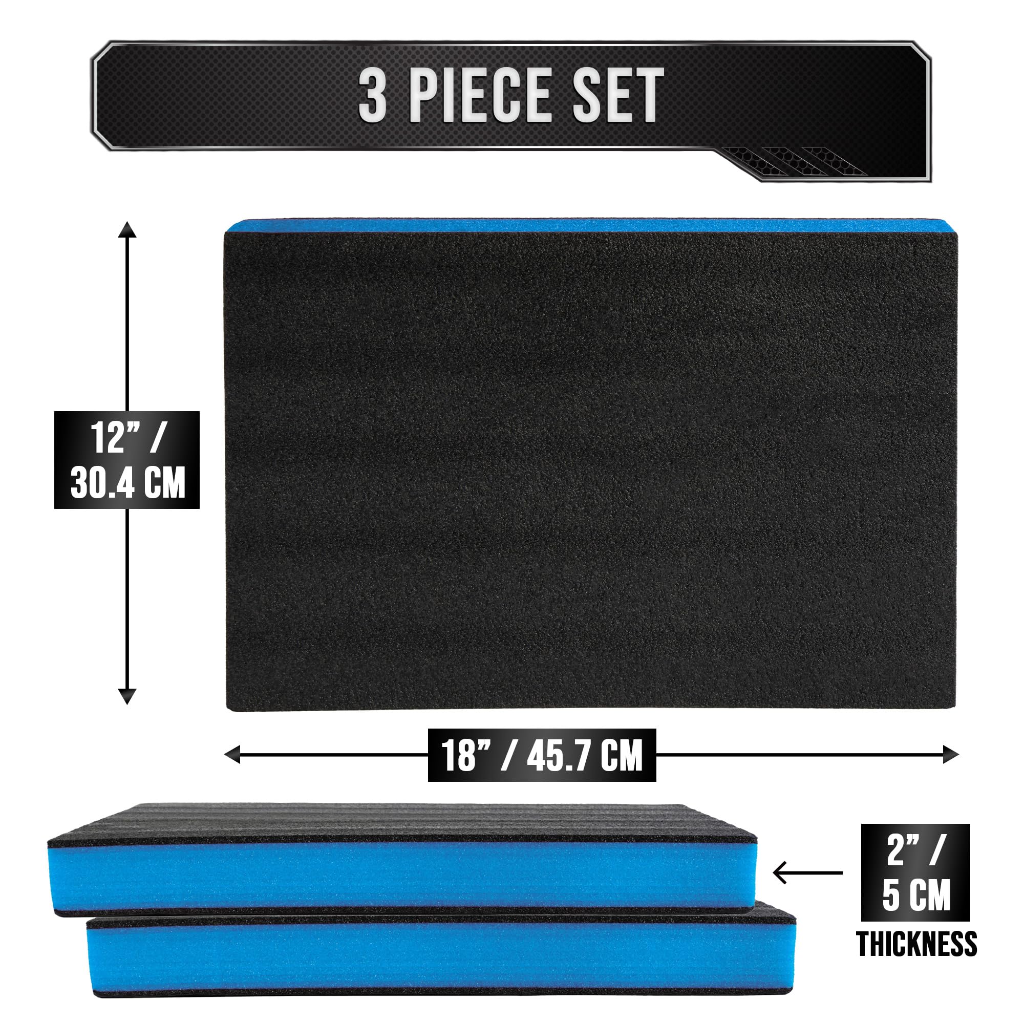 Precision Defined Tool Box Foam - Protective Inserts for Cases, Polyethylene Tool Foam for Cases, Cushion Insert for Toolboxes - 18" Black/Blue (3 pack)